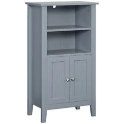 Kleankin Bathroom Cabinet Organizer With 2-Tier Open Shelves, Double Door Enclosed Storage And Elevated Base, Dark Grey