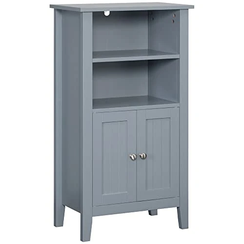 Kleankin Bathroom Cabinet Organizer With 2-Tier Open Shelves, Double Door Enclosed Storage And Elevated Base, Dark Grey