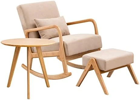 OKAKOPA Rocking Chair And Side Table, Modern Wood Small Accent Table End Tables Rocker Nursery Glider For Nursery Chair With Footrest For Living Room Bedroom (Table, Chair, Ottoman, Pillow - Beige) - Image 8