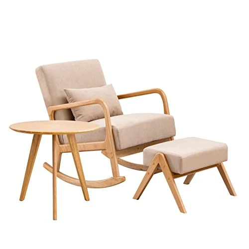 OKAKOPA Rocking Chair And Side Table, Modern Wood Small Accent Table End Tables Rocker Nursery Glider For Nursery Chair With Footrest For Living Room Bedroom (Table, Chair, Ottoman, Pillow - Beige)