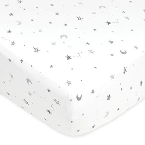 American Baby Company Printed 100% Cotton Jersey Knit Fitted Crib Sheet For Standard Crib And Toddler Mattresses, Grey Stars And Moon, 1 Count (Pack Of 1) (Pack Of 1)