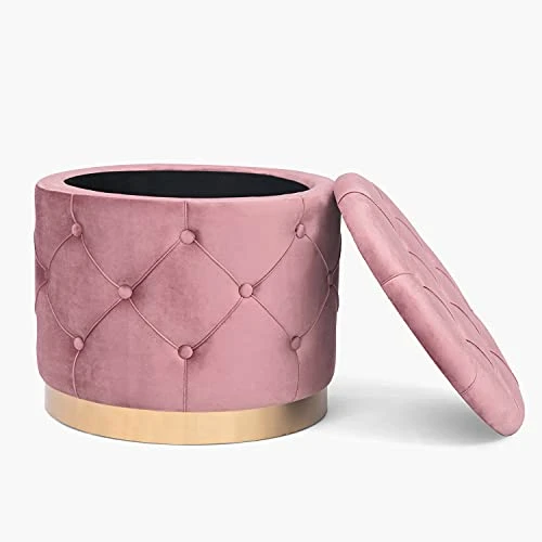 Homebeez 18.9" Round Velvet Storage Ottoman, Pre-Assembled Multi-Function Storage Vanity Stool, Button Tufted Accent Coffee Table With Golden Plate Base,Pink - Image 3