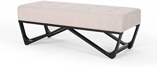 Great Deal Furniture Emily Contemporary Fabric Ottoman Bench, Light Gray And Black - Image 6