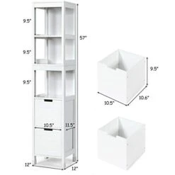 Tangkula Tall Bathroom Storage Cabinet, Multifunctional Bathroom Floor Cabinet With 3 Tier Shelves And 2 Drawers, Wooden Free-Standing Tower Rack (White)