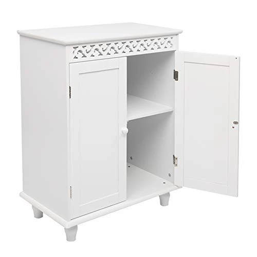 Carved Double Door Cabinet, Bathroom Storage Floor Cabinet Free Standing With Double Door,White - Image 3