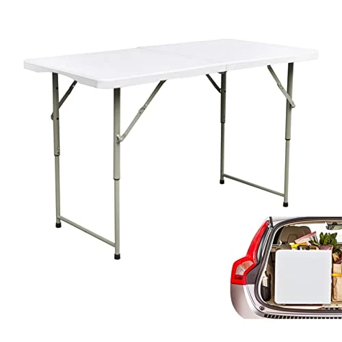 Gnomiya Folding Tables, Portable Folding Card Table Indoor Outdoor Heavy Duty Fold-in-Half Plastic Foldable Dining Table W/Handle, Lock For Picnic, Party, Camping(4ft)