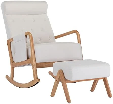 GNIXUU Glider Chair With Ottoman, Rocking Chair For Nursery, Upholstered Fabric Rocking Armchair Indoor With High Backrest For Living Room(Beige) - Image 5