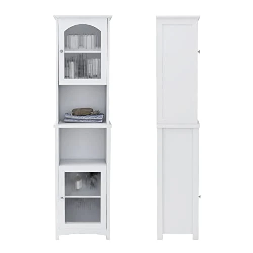 OQSC Bathroom Storage Cabinet Narrow Tall Slim Floor Cabinet With 2 Glass Door & Adjustable Shelves For Bathroom Kitchen Living Room,White - Image 4