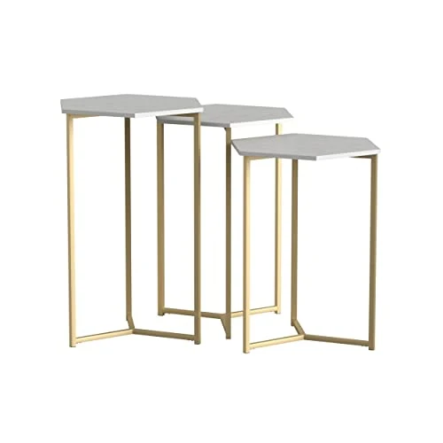 Walker Edison Modern Hexagon Nesting Side End Table Set Living Room Storage Small End Table, Set Of 3, Marble And Gold