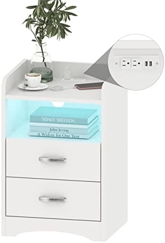 HOSEOKA Nightstand With Charging Station And LED Lights, Modern Nightstands End Table With 2 Drawers With USB Ports Bedside Tables For Office Living Room Bedroom (Black) - Image 7