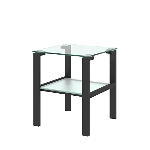 Meihua Glass Top End Table, Square Glass Side Table For Living Room&Bedroom (Black)