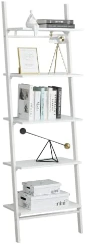 MELLCOM 5 Tier Industrial Ladder Shelf, Wood Modern Bookshelf With White Metal Frame, Wall-Mounted Plant Flower Storage Organizer For Living Room, Bathroom, Kitchen, Balcony - Image 7