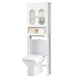 GENERIC Hysache Over The Toilet Storage, 3-Shelf Bathroom Space Saver W/Adjustable Partition, 2 Tempered Glass Door, Sturdy Bottom Stabilizer Bar& Anti-toppling Device, Free Standing Rack, White (HW66962)