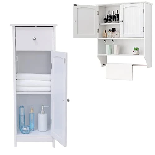 Iwell Small Bathroom Floor Storage Cabinet, Kitchen Cupboard Wooden Cabinet, White