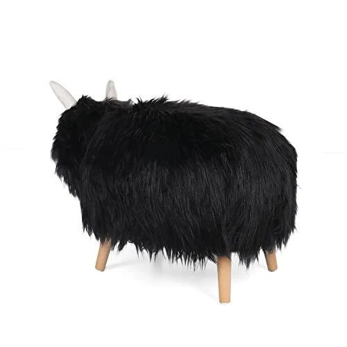 Christopher Knight Home Kamla Furry Yak Ottoman, Black, Natural Finish - Image 4