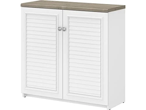 Bush Furniture Fairview 2 Door Low Storage Cabinet, Shiplap Gray/Pure White