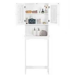 DORTALA Over The Toilet Spacesaver Storage Cabinet, Bathroom Organizer W/ 2 Glass Doors, Adjustable Inner Shelf, Free Standing Shelf Tower W/Anti-Tip Design, Toilet Storage Rack (White)