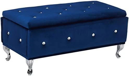 Kings Brand Furniture Blue Velvet Tufted Design Upholstered Storage Bench Ottoman - Image 6