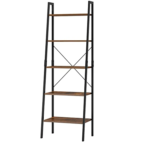 SOMY Industrial 5 Tier Ladder Shelf, Vintage Storage Bookshelf With Metal Frame Multifunction Plants Flower Stands Display Rack For Garden, Hallway, Office, Living Room Rustic Brown - Image 5