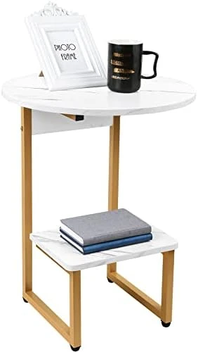 Round Side Table With White Marble Top, Small End Table For Living Room Bedroom, Modern Nightstand With Storage Shelf, Accent Table With Metal Frame, Black - Image 7