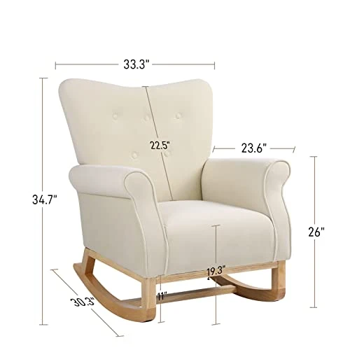 WIILAYOK Nursery Rocking Chair, Velvet Glider Rocker With Solid Wood Base And High Backrest For Baby Nursery, Comfy Rocking Recliner Armchair For Breastfeeding And Rocking Baby To Sleep (Beige) - Image 2