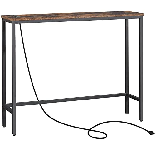 ELYKEN Console Sofa Table With Power Outlets For Entryway, 9.8" Dx39.4 Wx31.1 H Long Skinny Behind Couch Table With Metal Frame And 6.5β Extension Cord For Hallway Foyer Entrance