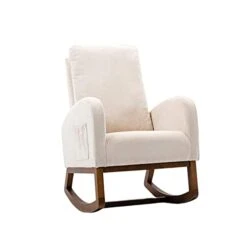 Jeerbly Nursery Rocking Chair,Upholstered Fabric Accent Armchair,Wooden Padded Seat With 2-Side Pocket,Nursing Chair With Rubber Wood Legs,Glider Chair For Nursery,Living Room,Home Office (Beige)
