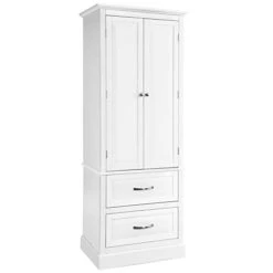 Tangkula 62" H Kitchen Pantry Cupboard, Freestanding Storage Linen Cabinet W/Adjustable Shelves & 2 Large Drawers, Tall Floor Cabinet Home Storage Organizer For Living Room Kitchen Bathroom (White)