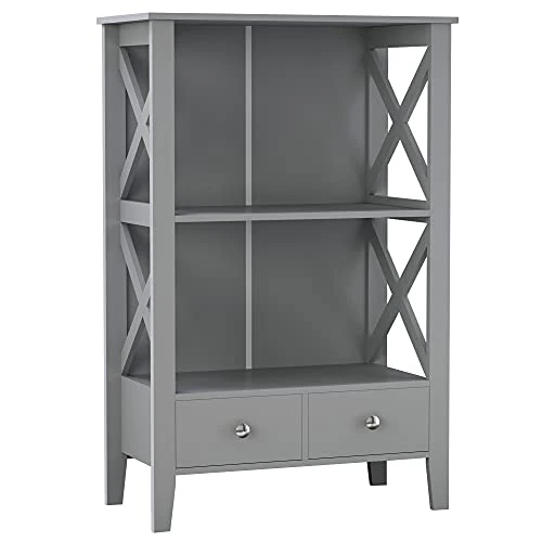 Kleankin X- Frame Freestanding Floor Bathroom Storage With Two Drawers, Storage Organizer, Cabinet With 3 Shelves, Grey