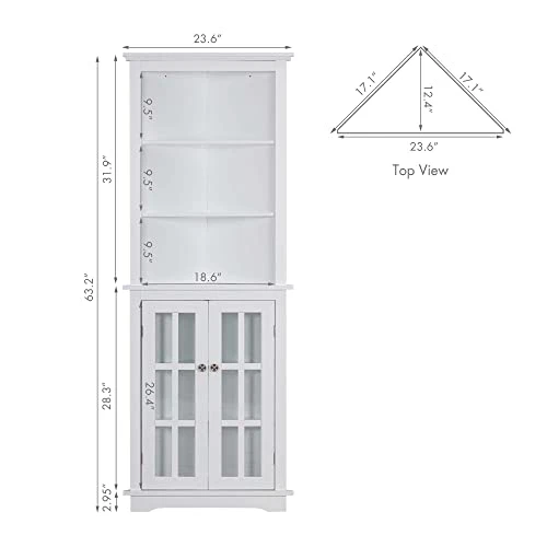 Spirich Home Bathroom Tall Corner Storage Cabinet, Floor Slim Display Storage Cabinet With Windowpane Glass Doors And Adjustable Shelves For Bathroom, Kitchen, Living Room Or Bedroom, White - Image 2