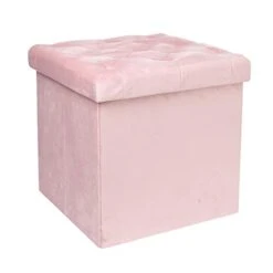 B FSOBEIIALEO Storage Ottoman Cube, Velvet Tufted Folding Ottomans With Lid, Footstool Rest Padded Seat For Bedroom (Pink, Medium)