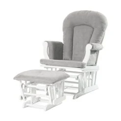Child Craft Cozy Glider Rocker And Ottoman Set, Padded Cushion With Storage Pockets, Solid Wood Base, Matte White With Light Gray Cushion