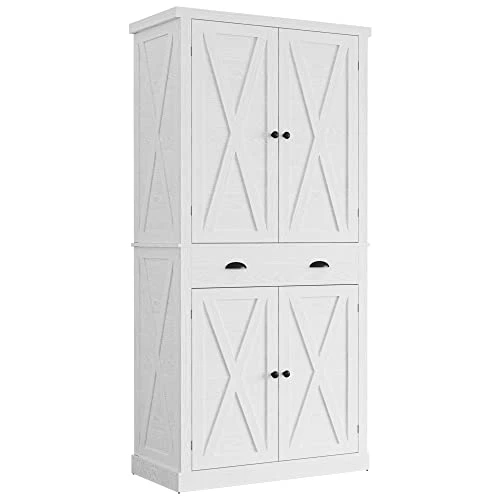 IRONCK Kitchen Pantry Storage Cabinet 72" Height, With Barn Doors, Drawer, 4 Adjustable Shelves, Freestanding Cupboard For Dining Room Living Room, Laundry, White