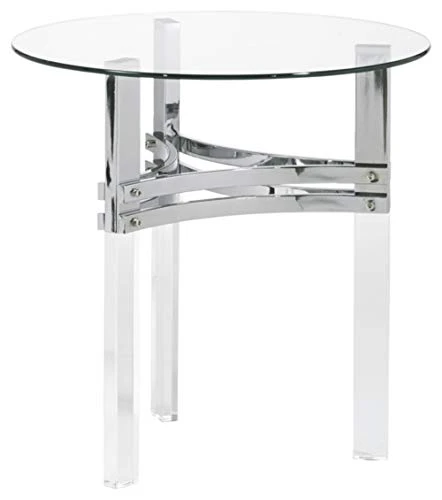 Signature Design By Ashley Braddoni Contemporary Round End Table With Clear Glass Top, Chrome