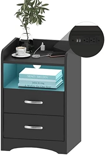 HOSEOKA Nightstand With Charging Station And LED Lights, Modern Nightstands End Table With 2 Drawers With USB Ports Bedside Tables For Office Living Room Bedroom (Black) - Image 6