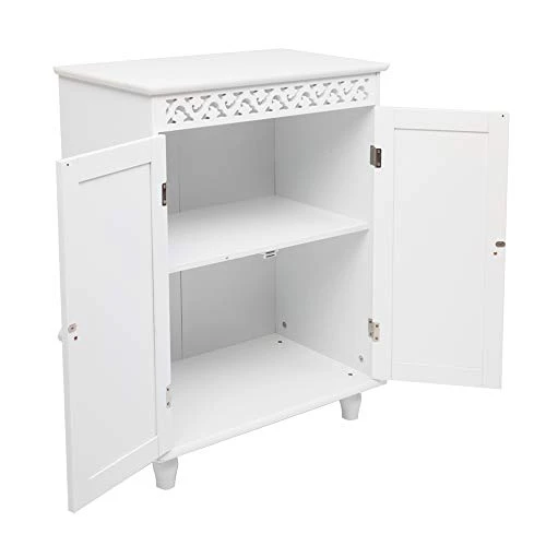 Carved Double Door Cabinet, Bathroom Storage Floor Cabinet Free Standing With Double Door,White - Image 4