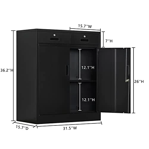 CJF Metal Storage Cabinet With 2 Doors And 2 Locking Drawers, Steel Storage Cabinets For Office/Home 36.2" H X 31.5" W X 15.7" D (Black) - Image 2