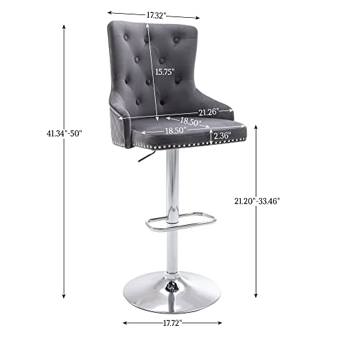 GOOLON Velvet Bar Stool Set Of 2 Lion Pull Ring Swivel Chair For Kitchen Counter Nailhead Upholstered Barstools Height Adjustable Barstools With Chrome Base For Dining Room Kitchen Gray - Image 3