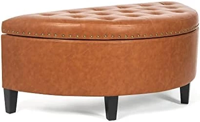 Homebeez 43.5" Half Moon Storage Ottoman Bench, Lift Top Faux Leather Storage Ottoman Bench For Bedroom Living Room (Light Brown) - Image 6