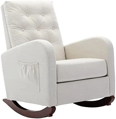 Obuvar Upholstered Rocking Chair For Nursery, Accent Glider Rocker With Two Pockets, Comfy Armchair With Tall Backrest And Double Layer Cushion, Baby Nursery Glider For Living Room, Bedroom (White) - Image 8