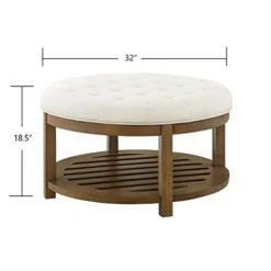 24KF Large Round Upholstered Tufted Linen Ottoman Coffee Table, Large Footrest Ottoman With Wood Shelf Storage-Ivory