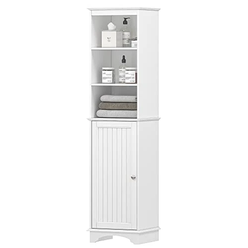 Spirich Home Freestanding Storage Cabinet With Three Tier Shelves, Tall Slim Cabinet, Free Standing Linen Tower, White