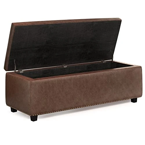 SIMPLIHOME Hamilton 48 Inch Wide Rectangle Lift Top Storage Ottoman In Distressed Umber Brown Tufted Faux Leather With Large Storage Space For The Living Room, Entryway, Bedroom, Transitional - Image 3