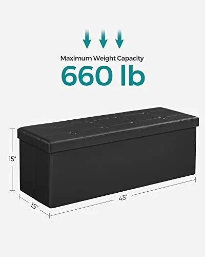 SONGMICS 43 Inches Folding Storage Ottoman Bench, Storage Chest, Footrest, Coffee Table, Padded Seat, Faux Leather, Holds Up To 660 Lb, Black ULSF701 - Image 3
