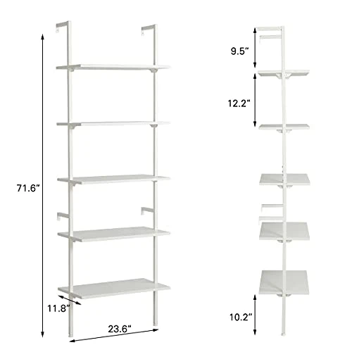 MELLCOM 5 Tier Industrial Ladder Shelf, Wood Modern Bookshelf With Metal Frame, Wall-Mounted Plant Flower Storage Organizer For Living Room, Bathroom, Kitchen, Balcony, White - Image 4