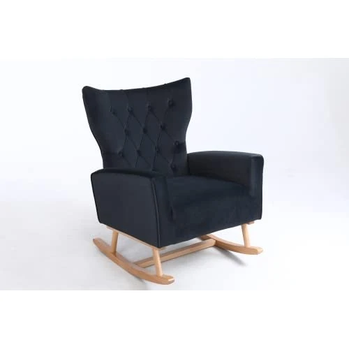 BOMENG Mid Century Modern Velvet Upholstered Rocking Chair Padded Seat Glider Rocker With High Backrest,Upholstered Rocking Chair For Living Room Bedroom,Lounge,Black - Image 2