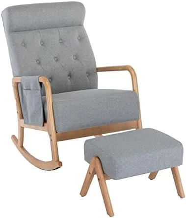 UPYOOE Nursery Rocking Chair Mid-Century Modern Chair With Ottoman Leather Arm Chair High Back with Side Pocket Comfy Glider Rocker Chair For Living Room Baby Room Bedroom (Brown PU Leather) - Image 8