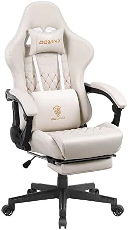 Dowinx Gaming Chair Office Chair PC Chair With Massage Lumbar Support, Vintage Style PU Leather High Back Adjustable Swivel Task Chair With Footrest (Light Grey) - Image 12