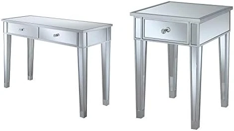 Convenience Concepts Gold Coast Mirrored Desk, Silver/Mirror & Concepts Gold Coast Mirrored End Table With Drawer, Silver/Mirror - Image 13