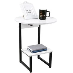 Round Side Table With White Marble Top, Small End Table For Living Room Bedroom, Modern Nightstand With Storage Shelf, Accent Table With Metal Frame, Black